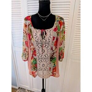Meadow Rue Anthropologie Blouse Womens S Floral Crochet Sheer Peasant Top Boho